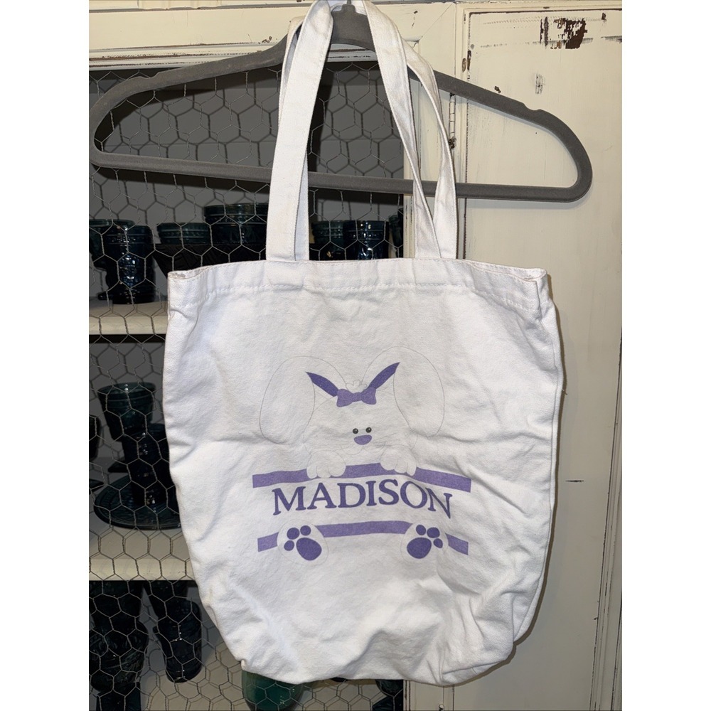 White Tote Bag with Name Madison And Bunny Design Easter‎